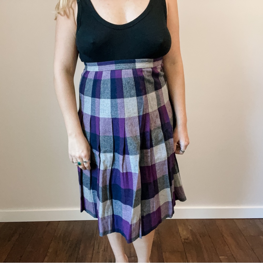 Vintage Union Made Purple Plaid Wool Blend Pleated Skirt - Picture 5 of 16